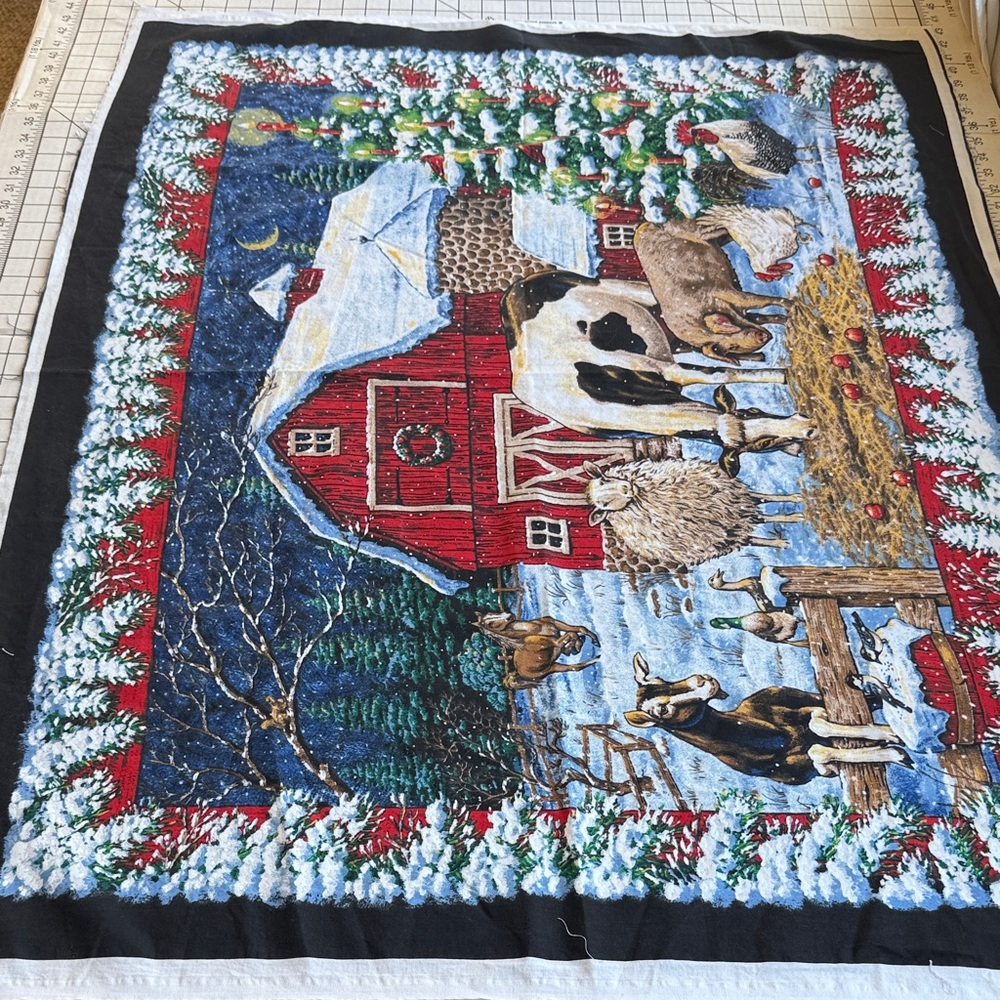 Springs Industries Christmas Farm Quilt Panel – Red Barn Winter Scene w/ Animals